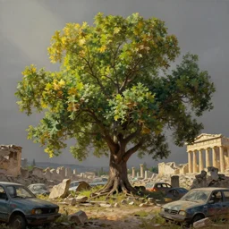 oak tree growing in the ruins of an ancient city, scrap cars, ancient greek ruins, rubble, gray dull background, vibrant colorful green leaves, hyperrealistic, highly detailed, cinematic, single ray of golden sunlight, beautiful, cgssociety, artstation, oil painting by greg rutkowski, by artgerm, by wlop