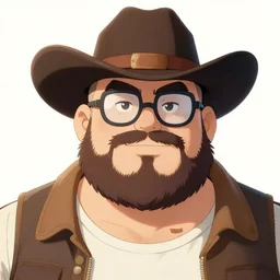A fat balding man with a beard and glasses, wearing a hat, cowboy bebop anime style, digital art, 8k, UHD