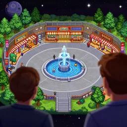 over the shoulder third person view of a open plaza area on a spaceship with a water feature in the middle and stores around the outside, from a space themed lucasarts point and click 2 d graphic adventure game, art inspired by thomas kinkade