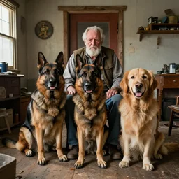 a picture of an old man with 2 giant dogs next to him living in a small apartment, German shepard and a golden retriever, midwestern redneck life, sharp edges, realistic image, 8k UHD, arnold render, realism, dramatic, HD, high details