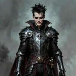 portrait of a skinny punk goth wizard wearing armor by simon bisley, john blance, frank frazetta, fantasy, thief warrior big happy smile