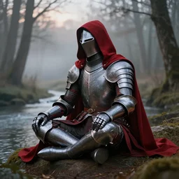 hooded knight in a crimson cape and full plate fantasy ornamented armour meditating in a foggy forest at dusk by a river professional photography, elegant, highly detailed, sharp focus, dutch angle