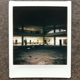 polaroid photo of an abandoned mall at night, flash photography