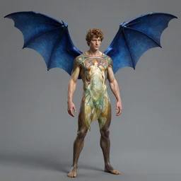 daniel sharman with blue bat wings, gray background, alphonse mucha, rhads, ross tran, artstation, artgerm, octane render, 1 6 k