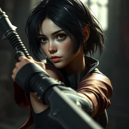 portrait, young female fantasy rogue with black short hair, dynamic pose, dramatic lighting, cinematic, establishing shot, extremely high detail, photo realistic, cinematic lighting, post processed, concept art, artstation, matte painting, style by eddie mendoza, raphael lacoste, alex ross