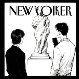 a still frame from comic strip two person looking at the sculpture 1 9 9 0, new yorker illustration, monochrome contrast bw, lineart, manga