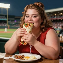 obese woman eating a giant burrito sitting at a baseball game, photograph,
