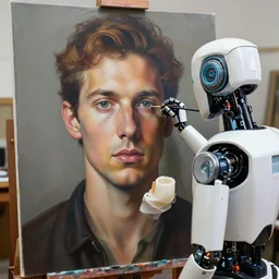 robot painting a self - portrait on a canvas. intricate, highly detailed, photorealistic, film still, by alexandros pyromallis.