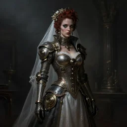 steampunk bride of frankenstein, dark, cinematic, smokey lighting, dimly lit detailed digital painting, concept art, character design