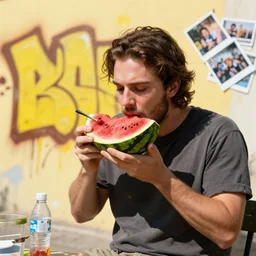 noa kirel eats a watermelon, graffiti, photograph, made by banksy, yellow and brown colors, spray brush, midday, sunny, professional
