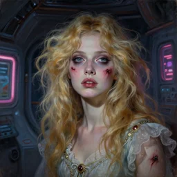 a beautiful and eerie baroque painting of a gorgeous young woman in dead space, with wild blonde hair and haunted eyes, 1 9 7 0 s, space station, neon light showing injuries, delicate ex embellishments, painterly