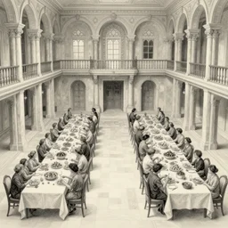 incredibly huge castle dining hall with four incredibly long tables with hundreds of chairs full of food, realistic and detailed pencil drawing, artstation