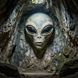 a very deep cave with a big alien face statue in the wall, h. r. giger style