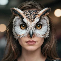 portrait photo of a woman with an owl face, Nikon 50mm, f1.8, bokeh, artistic 4k, high quality