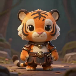 cute little anthropomorphic Tiger Warrior, ultra wide lens shot , tiny, small,  short, cute and adorable, pretty, beautiful, DnD character art portrait, matte fantasy painting, DeviantArt Artstation, by Jason Felix by Steve Argyle by Tyler Jacobson by Peter Mohrbacher, cinematic lighting