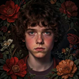 portrait of Eleven from the stranger things by Mazzoni Marco,dark ,detailed ,flowers!!! portrait,