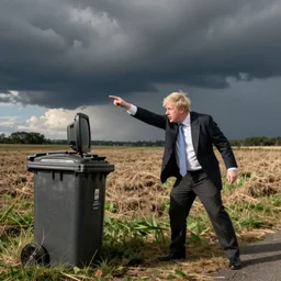 boris johnson throwing a tv at a rubbish bin, wide angle, sharp, enhanced, detailed,!! realistic!!