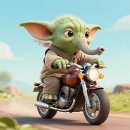 elephant yoda riding a motorcycle in the movie born to be wild, cinematic sureal 3d 8k