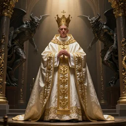 worship of the pope, royal robe, gold trim, demons, mysticism, light effect, hyper detailed, intricate, atmospheric, elegant, photorealistic by paul lehr, hyper - real