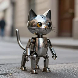 a robot cat made from metal standing on a street by greg rutkowski