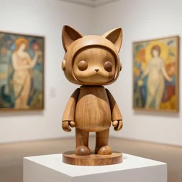 3D octane render ultra 8K photorealistic , a wooden sculpture art toys on a pedestal a very cute mystical robot of the bohemian with cat’s ears in a contemporary art gallery in neo Paris by Alphonse Mucha