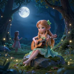 qween of fairy slip on a stone in magical forest of fairy and young quout play on guitar near and look to stealed moon, fantasy style, magic lights, old magic fores, night