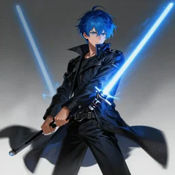 anime boy with messy blue hair wearing black long jacket holding an dual blade lightsaber, WLOP, concept art, digital painting, trending on artstation, highly detailed, epic composition, 8k UHD