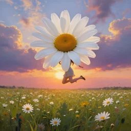 giant white daisy flower as head, girl jumping in a flower field, surreal photography, sunrise, dramatic light, impressionist painting, colorful clouds, digital painting, artstation, simon stalenhag