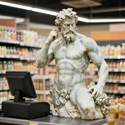 statue of Poseidon complaining about the cashier in the supermarket