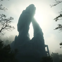 a tall rock structure in the shape of a swirling spiral vortex, background of trees and brutalist concrete structures, dramatic lighting, morning fog, hyper detailed, digital art, trending on artstation, cinematic lighting, studio quality, smooth render, octane render, art style by ruan jia and greg rutkowski and peter mohrbacher and wlop and krenz cushart