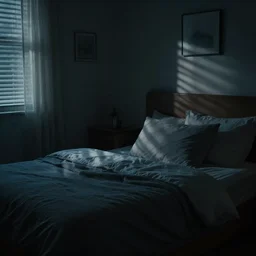 dark dreamy bedroom at night, soft focus cinematic still, dark dreamy dappled light
