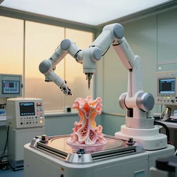 a complex bifurcated robotic cnc surgical arm cybernetic symbiosis hybrid mri 3 d printer machine making organic ceramic fractal forms in the glass room laboratory with control panels, golden hour lighting, pastel colors, film still from the movie directed by denis villeneuve with art direction by wayne barlowe and salvador dali, wide lens, f 3 2,