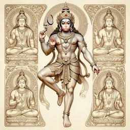a full body portrait of a beautiful ornated hanuman god, leaping pose, hindu stages of meditation, intricate, elegant, highly detailed, digital painting, artstation, concept art, smooth, sharp focus, line art illustration for tattoo, art by krenz cushart and artem demura and alphonse mucha