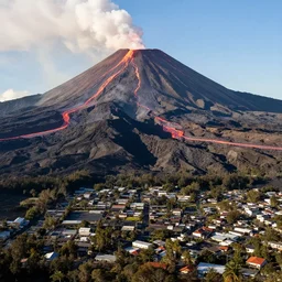 volcano with lava and a town