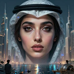 detailed face of an arabic woman, tectonic cityscape, skydome, reactor, utopian, wet reflections, prism, atmospheric, ambient, pj crook, syd mead, livia prima, artgerm, greg rutkowski, nick alm, casey baugh