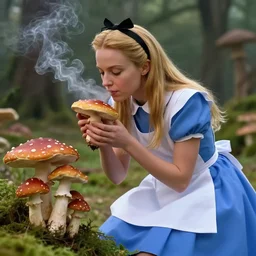 cinematic shot of alice in wonderland smelling mushrooms and smoke