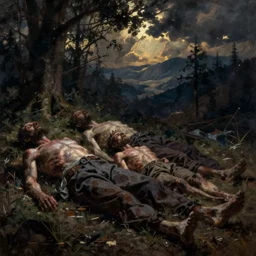 Thomas Kinkade painting of Corpses, dark, depressing