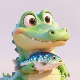 character design, crocodile, big eyes, holding a fish, soft skin, pastel colours, shiny glitter / crystals, pixar animation style, detailed, soft light, octane render, 4 k