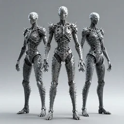 humanoid entity three meters in height covered with an array of blades and thorns, with four arms and four hands tipped with scalpel - like fingerblades, art by beksinski,