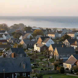 in the style of gerald brom, caravaggio, beautiful small new england town, houses and buildings, low light, morning, ocean in the distance, light mist