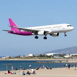 a still photo from alice in wonderland ( 2 0 1 0 ) of a wizzair airbus a 3 2 1 neo landing at skiathos airport, low over the heads of the people on the beach