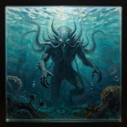 cthulhu emerging from the sea. painting on glass.