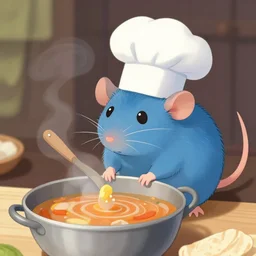a blue rat wearing a chef's hat cooking soup