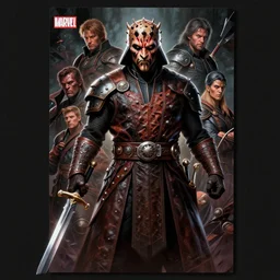 rugged darth maul with leather armor and medieval swords, dim light, front game card, marvel comics, dark, intricate, highly detailed, smooth, artstation, digital illustration by ruan jia and mandy jurgens and artgerm and wayne barlowe and greg rutkowski and zdislav beksinski