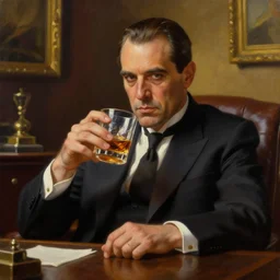 beautiful oil matte portrait painting, mafia boss drinking whiskey at his 5 0 s new york office space, wonderful masterpiece highly detailed, beautiful cinematic light deep focus, elegant, digital painting, smooth, sharp focus, golden ratio, dramatic illumination, ultra realistic, 8 k, art by jimmy law