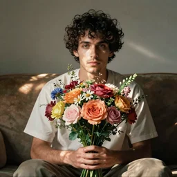 a man sitting on the couch with a bunch of flowers in his hand
