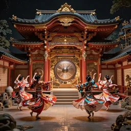 volumetric lighting, flowing shimmering fabrics, emerging gong vibrations ,kimono dancers spinning around gracefully, an ancient male bearded face , inside a small highly detailed interesting traditional Japanese Royal ornate temple , full colour , upscale , 4k