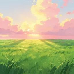 green lush field, aesthetic, calming, pink and yellow clouds in the sky, brightly illuminated by rays of sun, clouds backlit by the sun, sunset, artstation, colorful sylvain sarrailh illustration, peter chan, day of the tentacle style