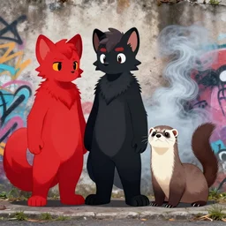 ( ( ( red + black + ( furry fandom * fursona ) ) / ( weasel * ferret * stoat ) ) + ( smoke * background ) ) = ( wall + graffiti )