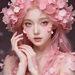 a wonderful goddess with the skin made of pink petals, perfect hands, intricate, elegant, highly detailed, wonderful eyes, sweet, digital painting, artstation, concept art, smooth, sharp focus, illustration, art by artgerm and greg rutkowski and alphonse mucha and william - adolphe bouguereau
